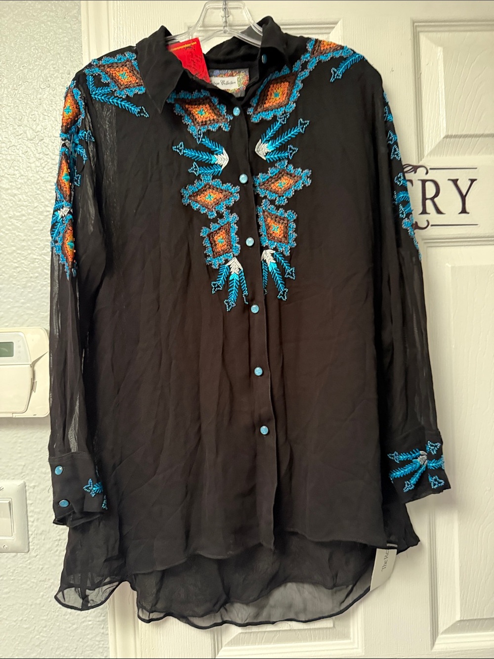 Embroidered Black Sheer Button-Down Shirt with Turquoise Accents